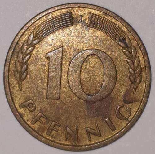 1950 J - 10 PFENNIG - TEN PFENNIG - GERMANY - FEDERAL REPUBLIC - (Brass Clad Steel) KM# 108